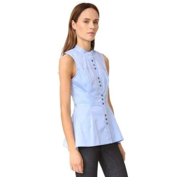 DEREK LAM 10 CROSBY Blue Cotton Sateen Button Up Peplum Shirt Blouse, Size 8 - Picture 2 of 12